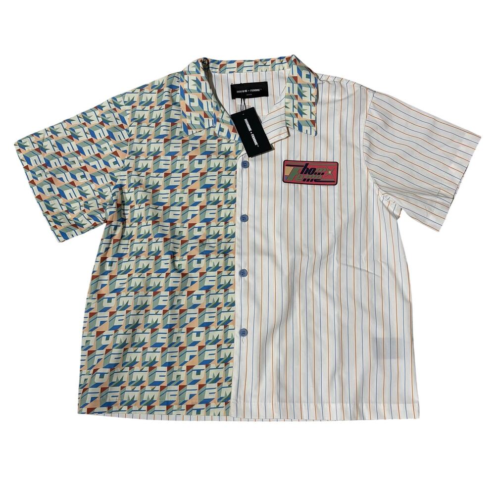NWT Homme + Femme Hologram Striped Casual Short Sleeve Button Down Shirt Medium‎